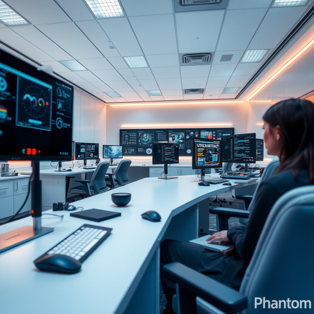 Modern technology workspace showcasing Phantom Project's innovation lab with advanced computers, collaborative workstations, and digital displays featuring software development interfaces and data visualization