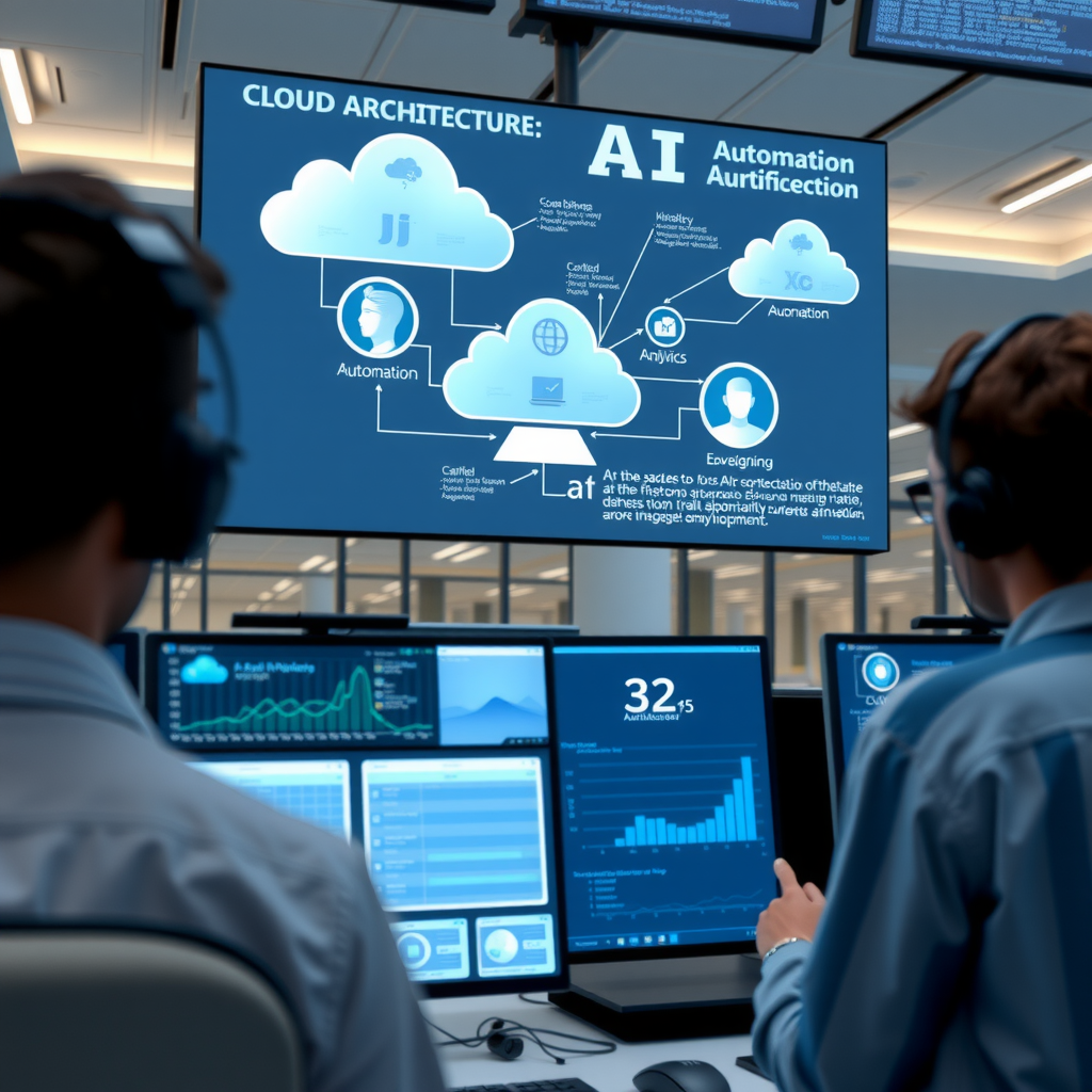 Modern enterprise office with digital screens displaying cloud architecture diagrams, AI automation workflows, and data analytics dashboards, representing the future of digital transformation in software development