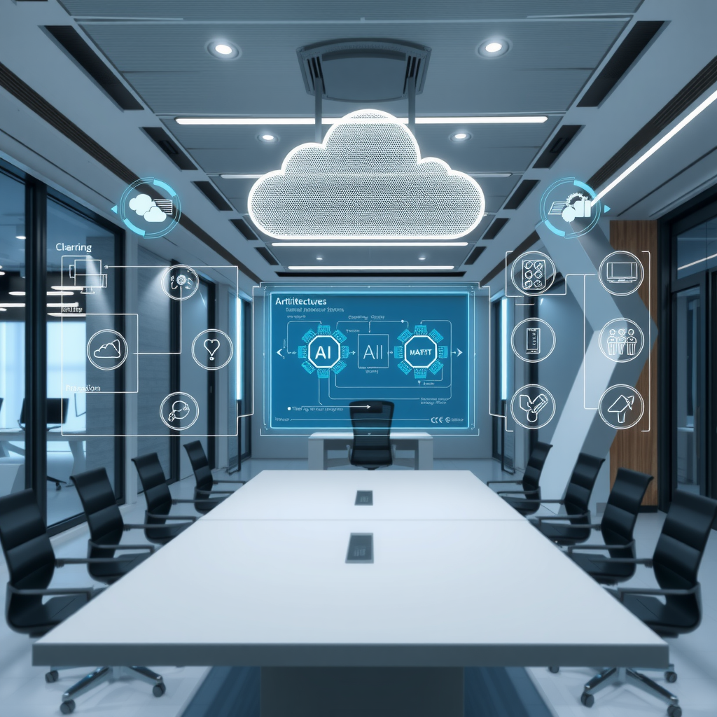 Modern enterprise office with digital transformation visualization showing cloud-native architecture diagrams, AI-powered automation workflows, and futuristic holographic interfaces representing cutting-edge software solutions and technological innovation