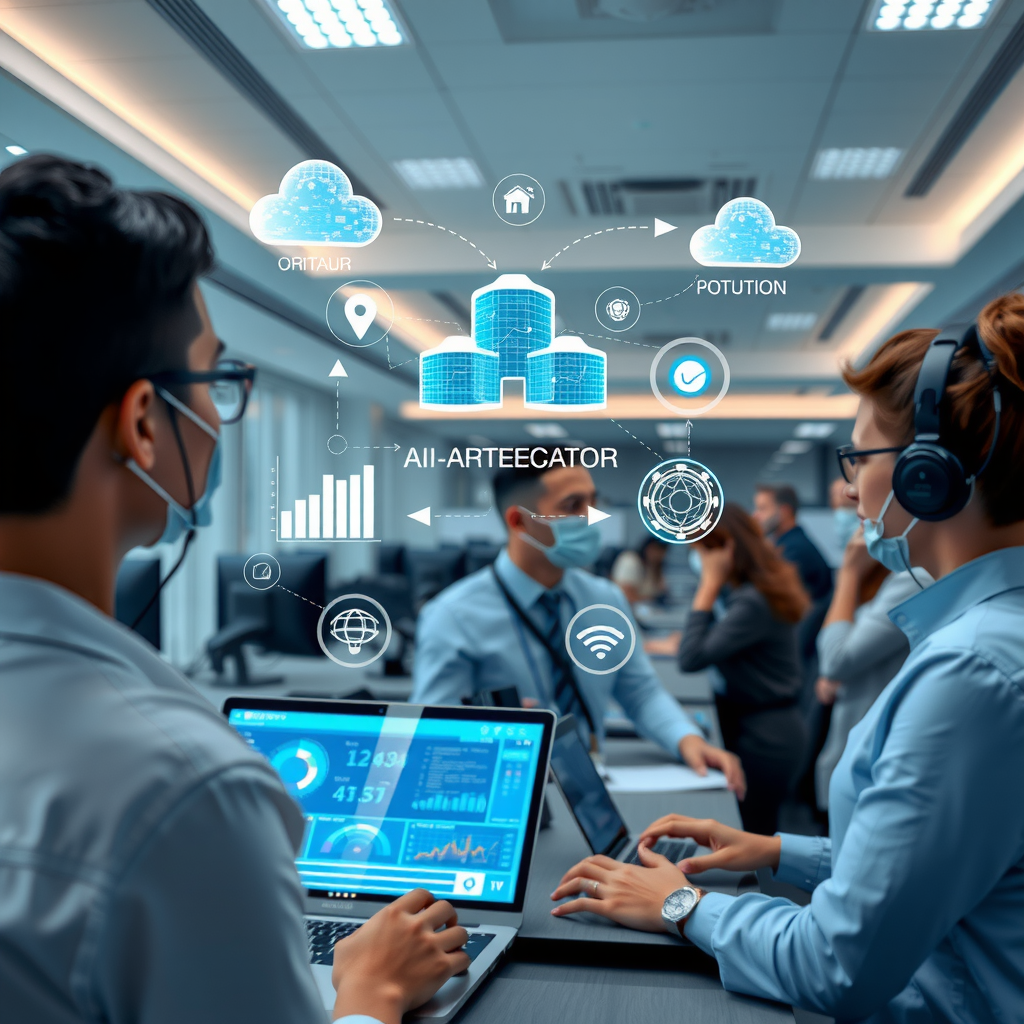 Modern enterprise office with digital transformation technology, holographic displays showing cloud architecture diagrams, AI automation workflows, and data analytics dashboards, professionals collaborating around futuristic interfaces