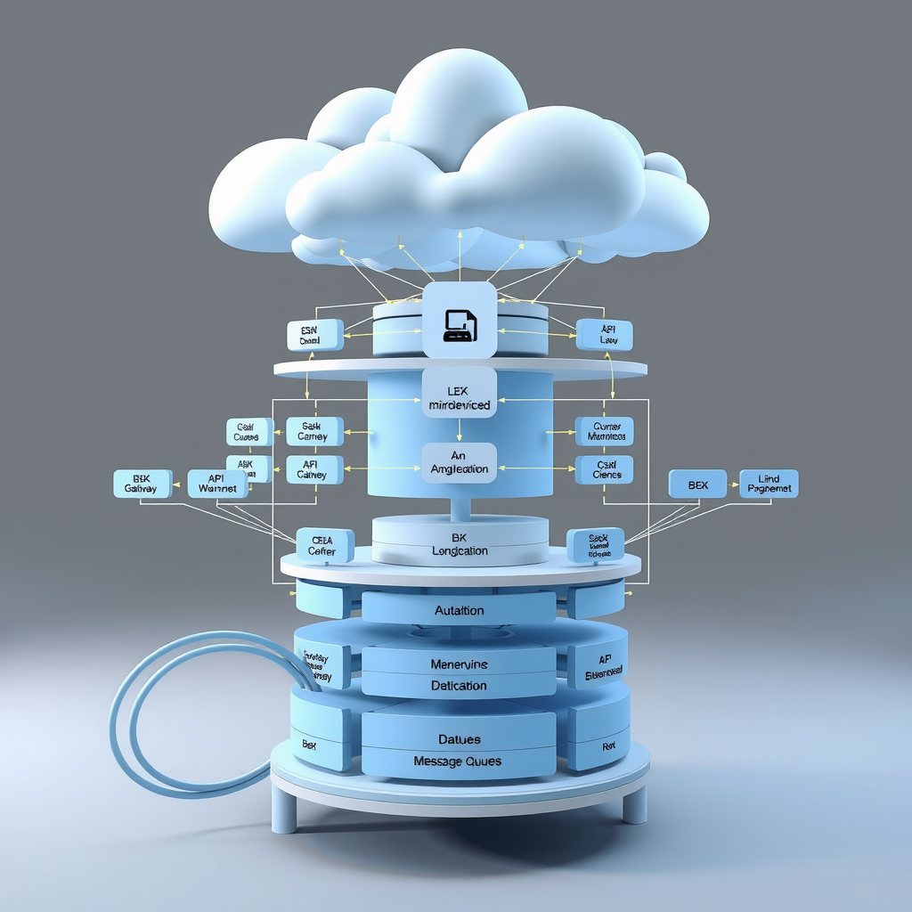 Comprehensive architectural diagram illustrating a modern distributed system with microservices, load balancers, API gateways, database clusters, caching layers, and message queues interconnected in a scalable cloud infrastructure