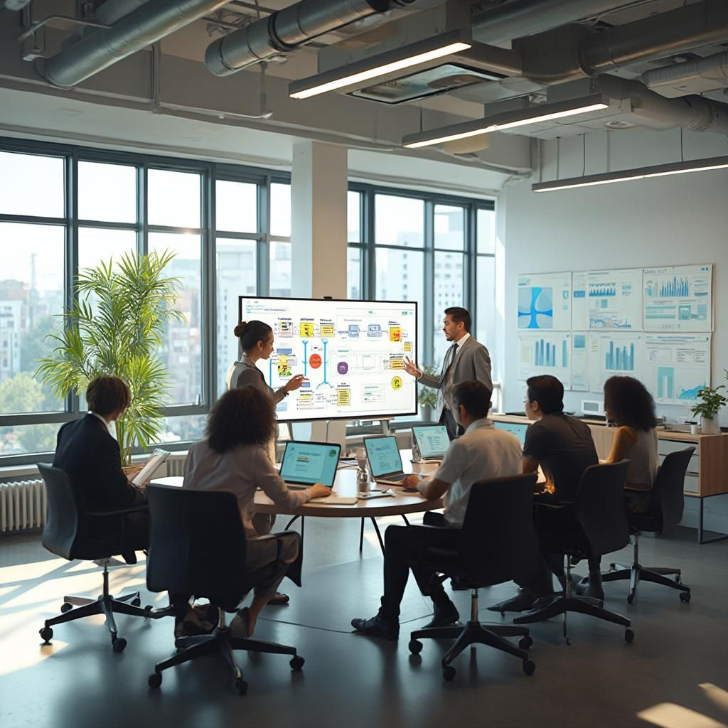 Diverse team of professionals collaborating around a modern conference table with laptops, digital screens displaying project workflows, sticky notes on glass walls, and team members from different departments including developers, designers, and product managers engaged in dynamic discussion and brainstorming session