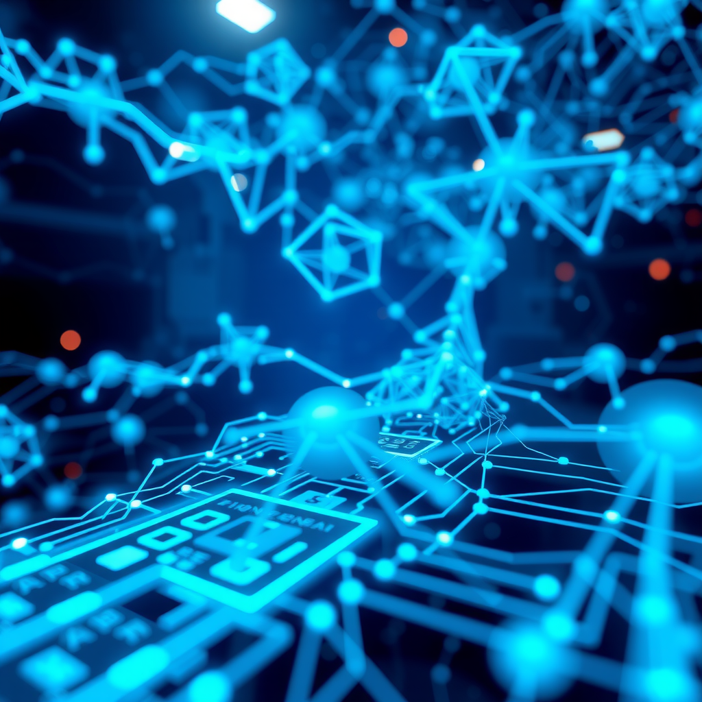 Abstract visualization of emerging technologies including neural networks, quantum computing circuits, edge computing nodes, and progressive web application interfaces interconnected in a futuristic digital landscape with glowing blue and cyan connections representing data flow and innovation