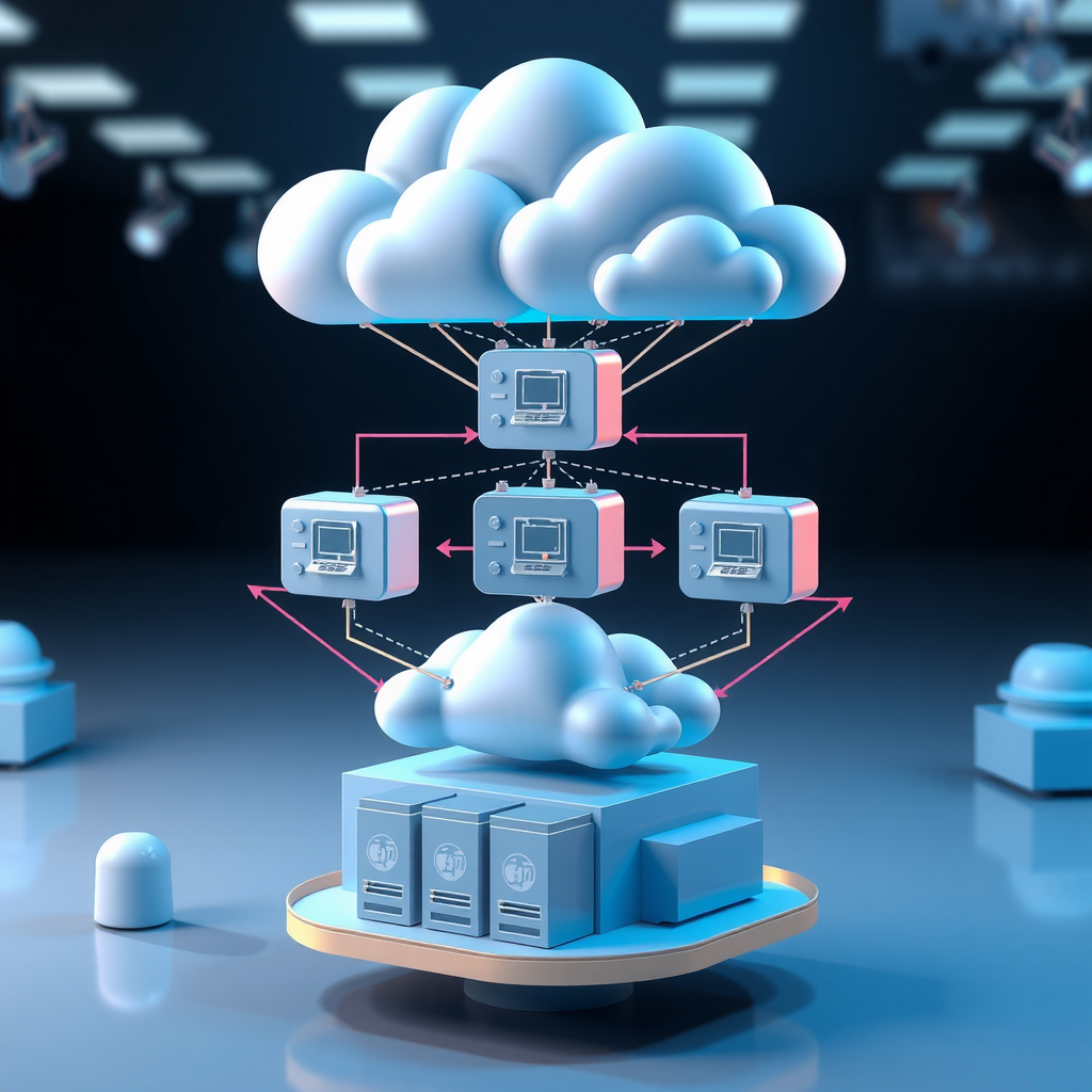 Technical diagram showing microservices architecture with interconnected nodes, database clusters, load balancers, and cloud infrastructure representing scalable application design patterns and best practices