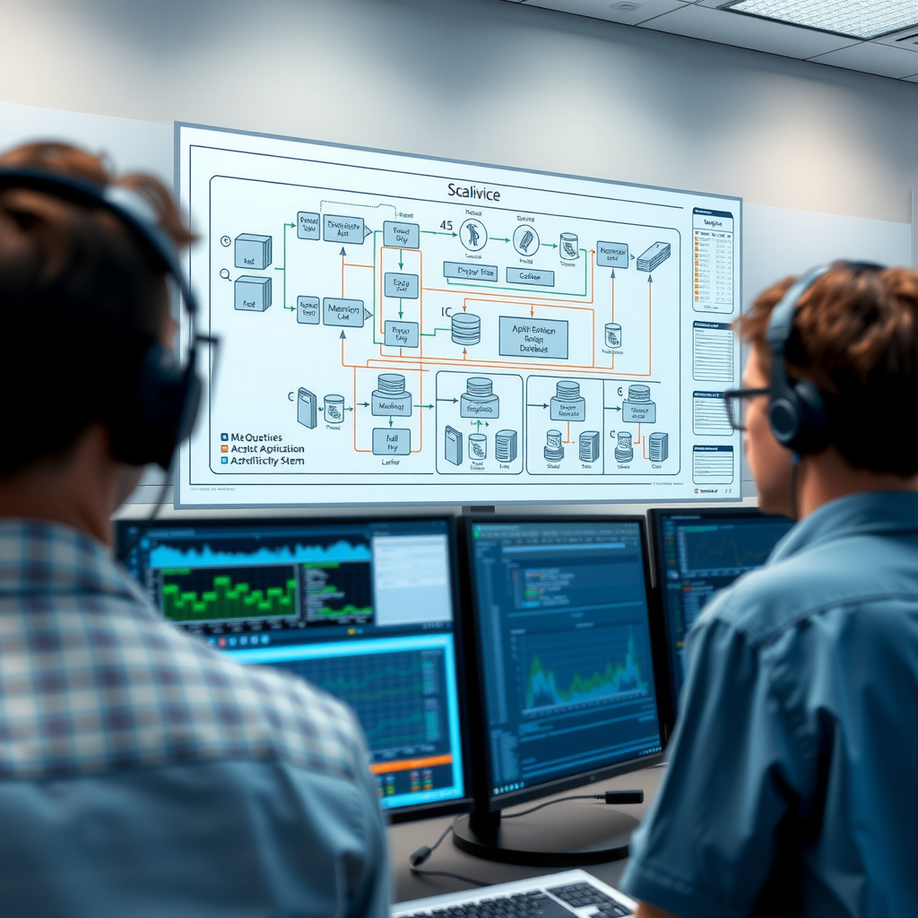 Technical architecture blueprint showing scalable application design with microservices patterns, distributed database systems, load balancing infrastructure, and system performance metrics on multiple monitors in a modern development environment