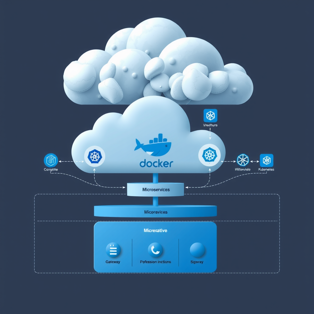 Detailed diagram of cloud-native architecture showing microservices, containerization with Docker and Kubernetes, serverless functions, API gateways, and distributed data systems interconnected in a modern enterprise infrastructure