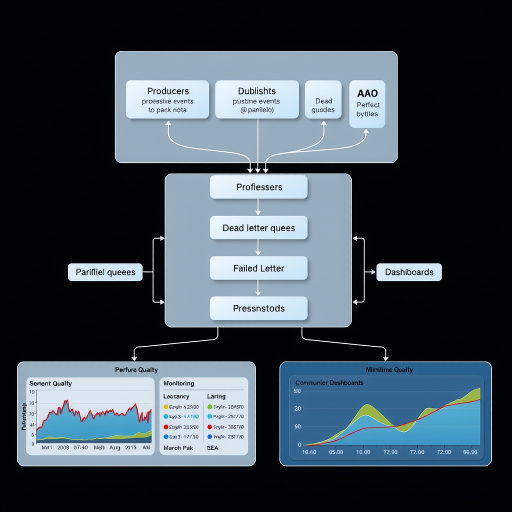 Detailed technical diagram showing asynchronous message queue architecture with multiple producers publishing events to a message broker, multiple consumers processing messages in parallel, dead letter queues for failed messages, and monitoring dashboards tracking throughput and latency