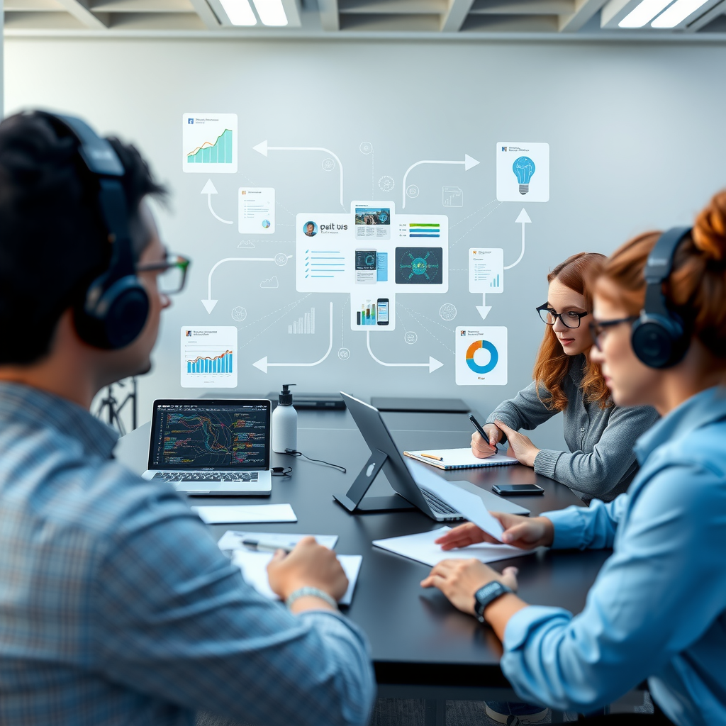 Modern digital workspace showing integrated workflow between different team roles, with visual representation of developers coding, designers creating interfaces, product managers reviewing roadmaps, and QA specialists testing features, all connected through collaborative tools and shared digital platforms