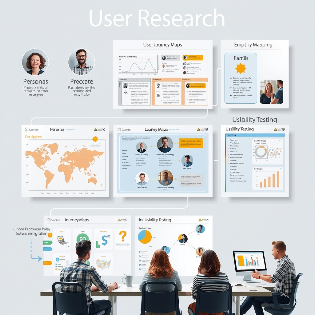 User research process visualization showing personas, user journey maps, empathy mapping, and usability testing sessions with diverse participants providing feedback on software interfaces