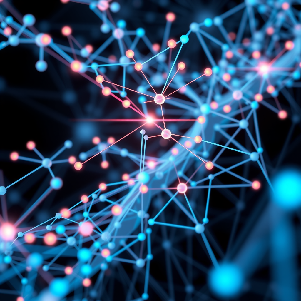 Detailed visualization of a neural network architecture with interconnected nodes, data flowing through layers, showing machine learning model training process with gradient descent optimization, featuring glowing pathways representing data transformation and learning patterns