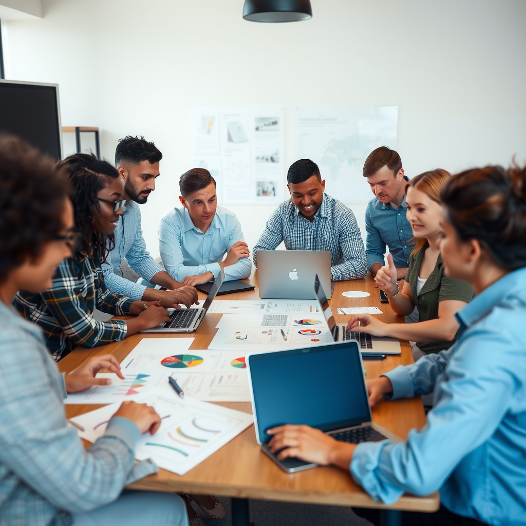 Diverse cross-functional team collaborating around a table with laptops, design sketches, and digital prototypes, showing developers, designers, and product managers working together on innovative tech solutions