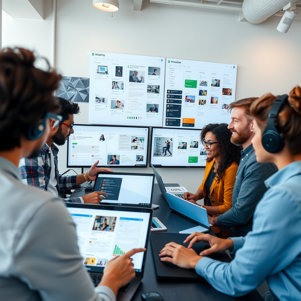 Diverse cross-functional team collaborating in modern workspace with developers, designers, product managers working together around digital screens showing project workflows, design prototypes, and agile sprint boards demonstrating collaborative innovation