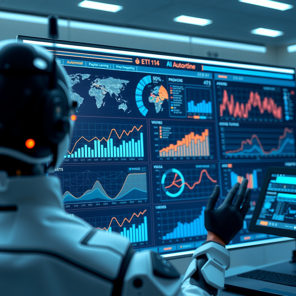 Futuristic AI-powered automation dashboard displaying machine learning models, predictive analytics charts, automated workflow processes, neural network visualizations, and real-time performance metrics for enterprise operations