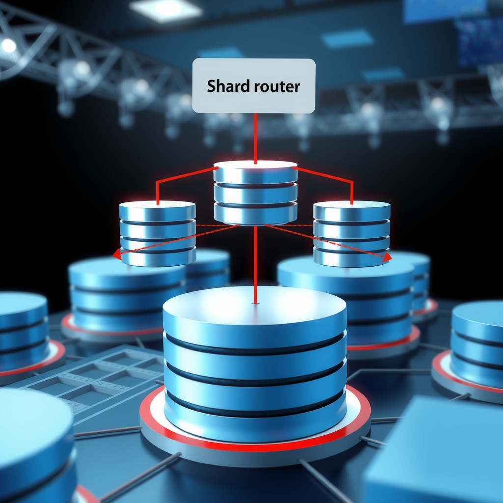 Technical illustration of database sharding architecture showing a shard router directing queries to multiple database shards based on sharding keys, with each shard containing a portion of the total dataset, including visual representation of data distribution patterns and replication between shards