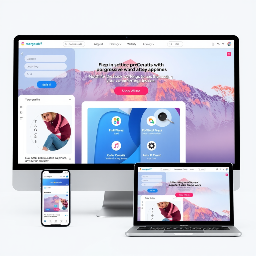 Modern progressive web application interface displayed across multiple devices including smartphone, tablet, and desktop, showing responsive design, offline functionality indicators, and seamless synchronization between devices with consistent user experience