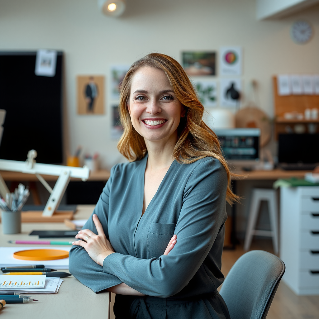 Emily Watson, Creative Director at Phantom Project, professional photo of innovative designer in creative workspace with design tools