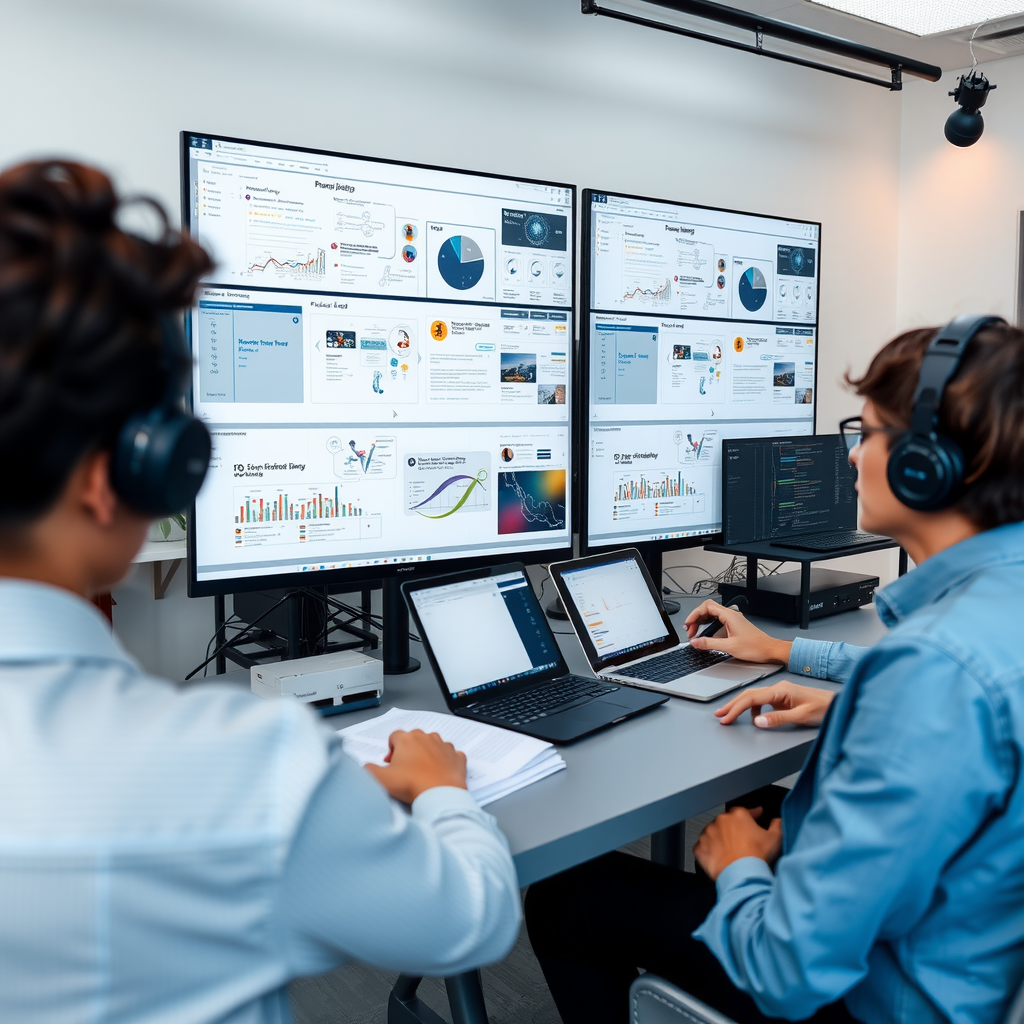 Modern UX/UI design workspace showing intuitive interface mockups, accessibility testing tools, user journey maps, and design thinking methodologies with designers creating user-centered digital experiences on large displays