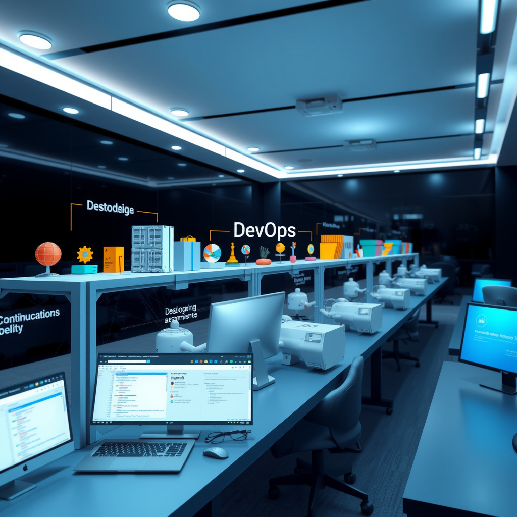 Modern DevOps continuous integration and deployment pipeline visualization showing automated testing, code repositories, containerization, deployment stages, monitoring dashboards, and collaboration tools in an enterprise software development environment