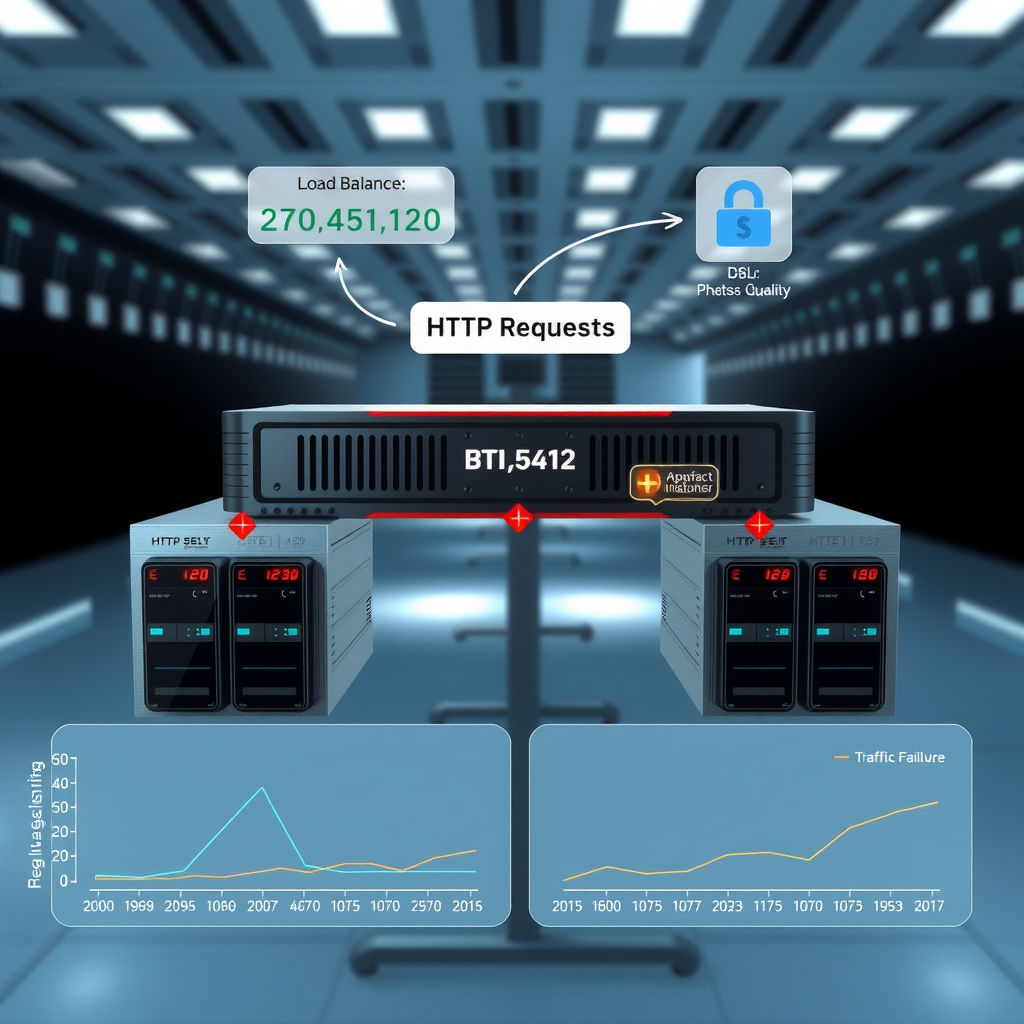 Infrastructure diagram depicting a load balancer distributing incoming HTTP requests across a cluster of application servers, with health check mechanisms monitoring server status, automatic failover capabilities, and traffic metrics showing request distribution patterns and response times