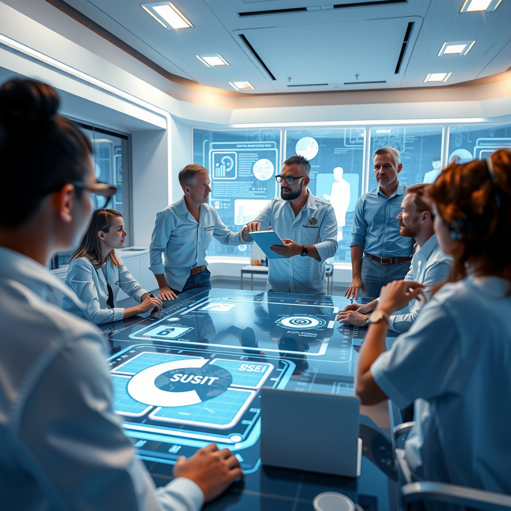 Futuristic collaborative workspace with holographic displays, team members from different specialties working together on interactive digital surfaces, augmented reality tools showing product prototypes, and seamless integration of physical and digital collaboration tools representing the future of cross-functional teamwork