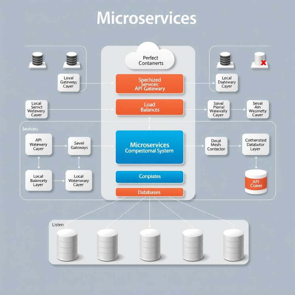 Comprehensive diagram of microservices architecture showing multiple containerized services, API gateways, service mesh connections, load balancers, and database clusters interconnected with orchestration layer, illustrating scalable and distributed system design