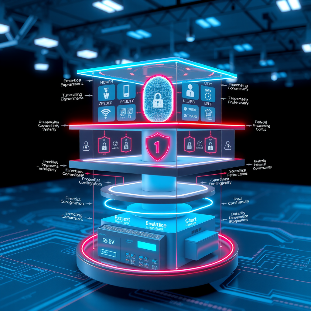 Comprehensive cybersecurity infrastructure diagram showing multi-layer security architecture, encryption protocols, identity management systems, threat detection mechanisms, firewall configurations, and compliance frameworks protecting enterprise digital assets