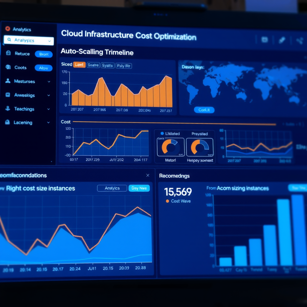 Analytics dashboard displaying cloud infrastructure cost optimization metrics including resource utilization graphs, auto-scaling events timeline, cost per transaction trends, and recommendations for right-sizing instances, with visual indicators showing cost savings opportunities and efficiency improvements