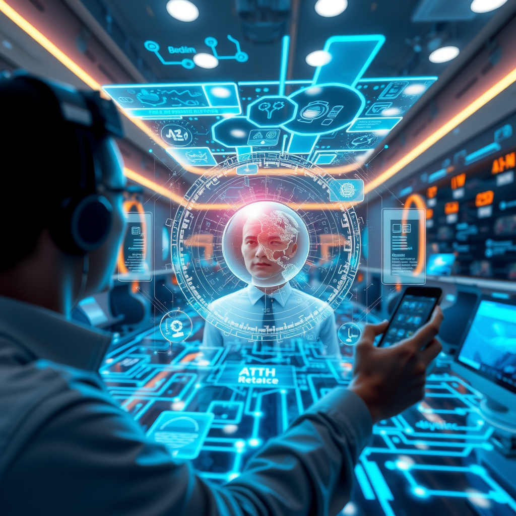 Inspiring vision of future technology landscape showing holographic interfaces, quantum computing visualization, AI-powered systems, blockchain networks, and interconnected smart devices creating an integrated digital ecosystem with human interaction at the center