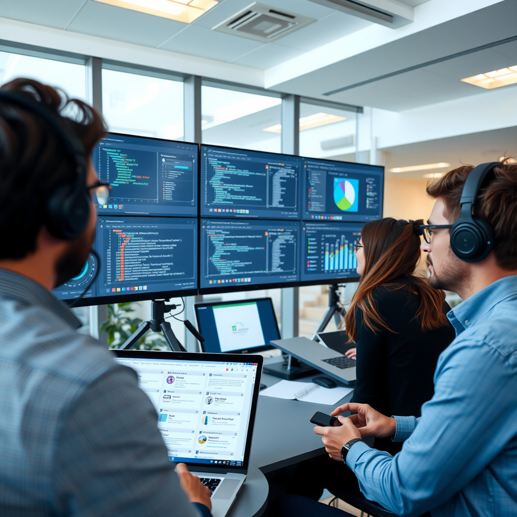Phantom Project team collaborating in modern office space with large screens displaying code, design mockups, and project management dashboards, showcasing agile development process